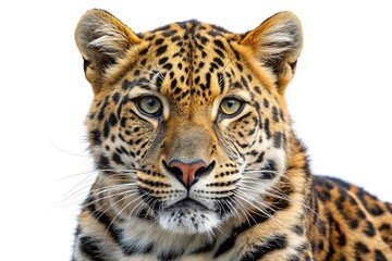 Obraz premium Close up portrait of an amur leopard against a white background