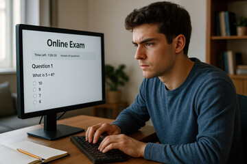 Man taking an online exam, photo