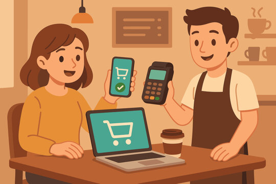 Digital payment in coffee shop illustration. Woman using smartphone for mobile payment, contactless transaction, online shopping. Barista holding POS terminal. E-commerce technology concept vector