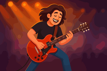 Energetic rock guitarist playing electric guitar live on stage, concert performance, dynamic musician, vibrant spotlight, music festival, cartoon vector illustration for poster and flyer design