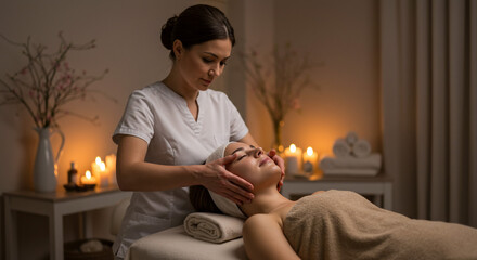 Woman receiving a facial massage from a therapist in a spa setting with candles and soft lighting