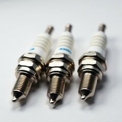 Close-up of three shiny spark plugs against white , replacement, photography