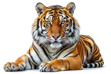 Obraz premium Majestic bengal tiger lying down isolated on white background