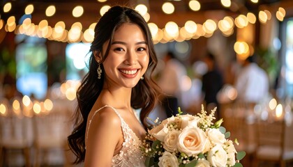 Happy bride wedding reception portrait.