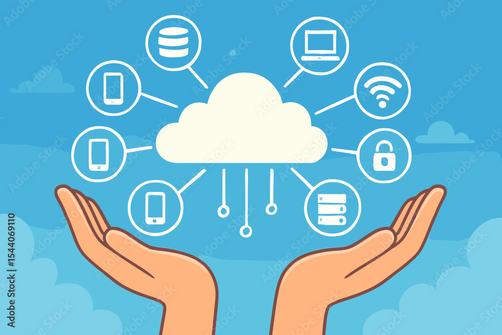 Poster cloud computing data storage network concept. hands support secure cloud technology, mobile devices,