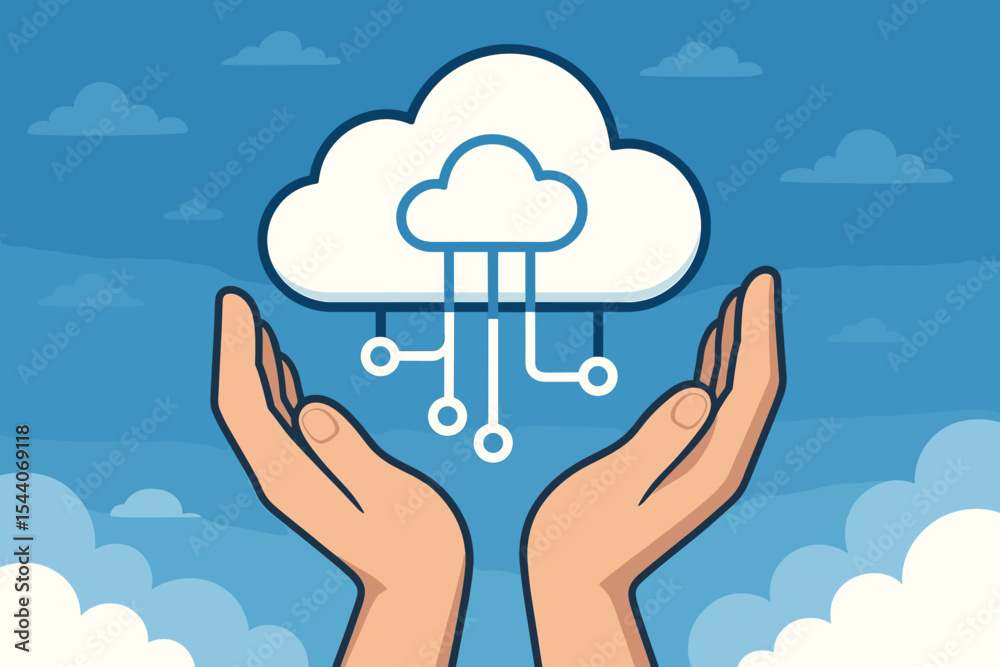 Poster hands holding cloud computing icon network, symbolizing secure online data storage, digital technolo