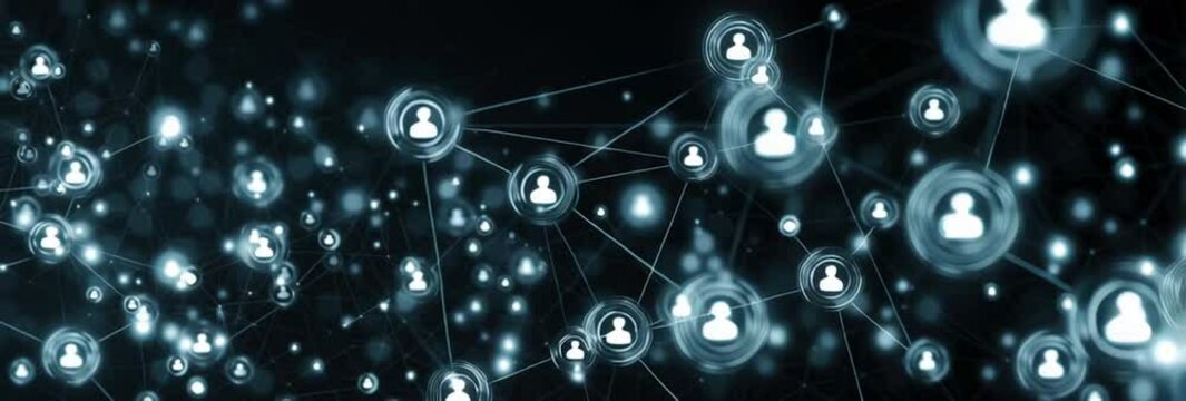 Abstract glowing social network with people icons on a dark background, a digital technology concept of connection and interaction in the online community Generative AI - Powered by Adobe