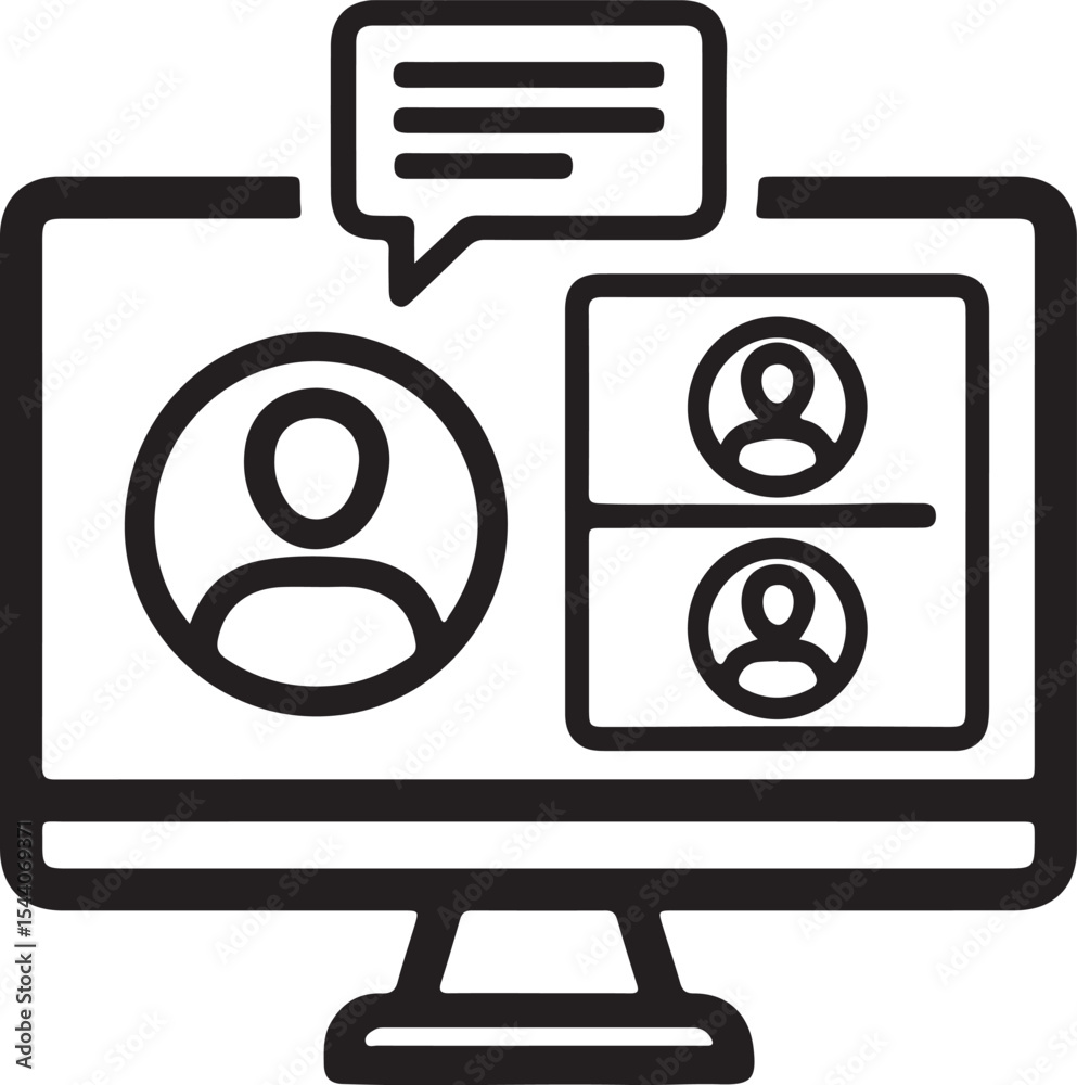 Poster online meeting vector image featuring a computer screen displaying video call and chat bubble icon g