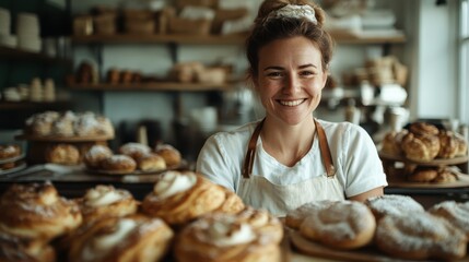 A cheerful baker with a bright smile stands proudly in a warm and inviting bakery surrounded by freshly baked goods, portraying passion and dedication to their craft.