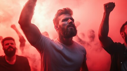 A determined man stands in a crowd of activists, raising his fist in solidarity during a passionate protest, surrounded by vibrant red smoke, symbolizing intensity and emotions.