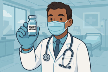 Black male doctor in face mask holds COVID-19 vaccine vial. Concept for healthcare, pandemic immunization, and medical research. Healthcare worker in hospital promoting vaccination.