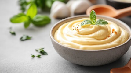 This image showcases a delicious creamy dip topped with fresh basil in a stylish ceramic bowl, surrounded by herbs that enhance its natural appeal and flavors.