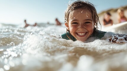 A cheerful child delights in the ocean waves, laughing joyfully as the water splashes around, embodying the carefree spirit of childhood and summer fun by the sea.