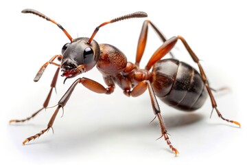 Detailed closeup of a reddish brown ant on white background