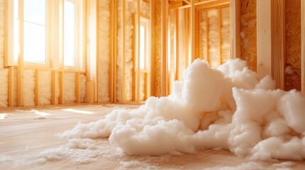 A construction site showcasing an unfinished space where insulation foam is piled carelessly, highlighting the processes and materials involved in modern building development.