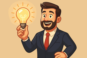 Cartoon businessman in suit holding glowing lightbulb icon, symbolizing creativity, innovation, new ideas, business solutions, leadership and brainstorming. Vector illustration for corporate concepts