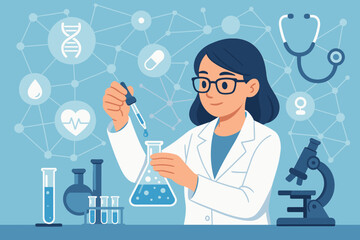Female scientist in laboratory conducting research with chemical flasks, test tubes, pipette. Medical science icons, DNA, molecules, healthcare, stethoscope, microscope network. Vector illustration