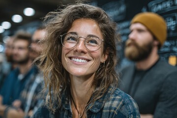 A diverse team of professionals, including a woman with glasses and a beard, smiling during a brainstorming session.