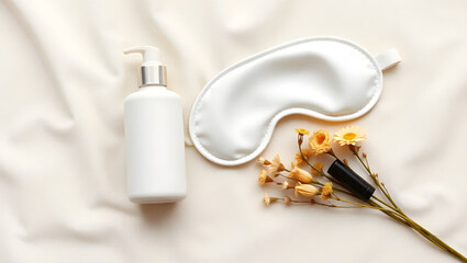 Serene Minimalist Flatlay Silk Sleep Mask, Lotion, and Flowers