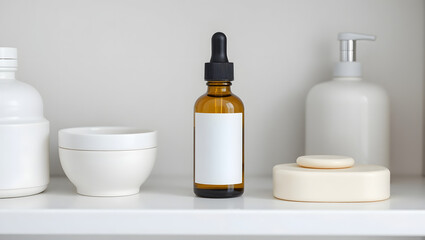 Minimalist Bathroom Shelf with Amber Dropper Bottle and White Ceramics