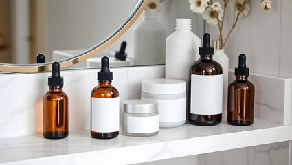 Modern Bathroom Vanity with Refillable Skincare Bottles and Jars