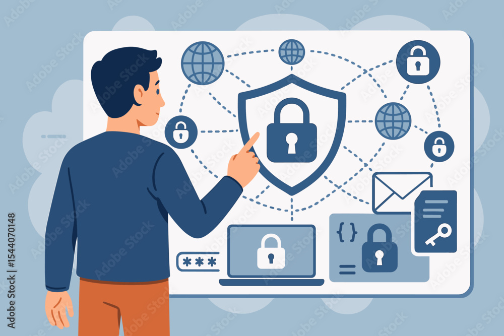Poster man interacting with cybersecurity network interface, digital data protection and internet privacy, 