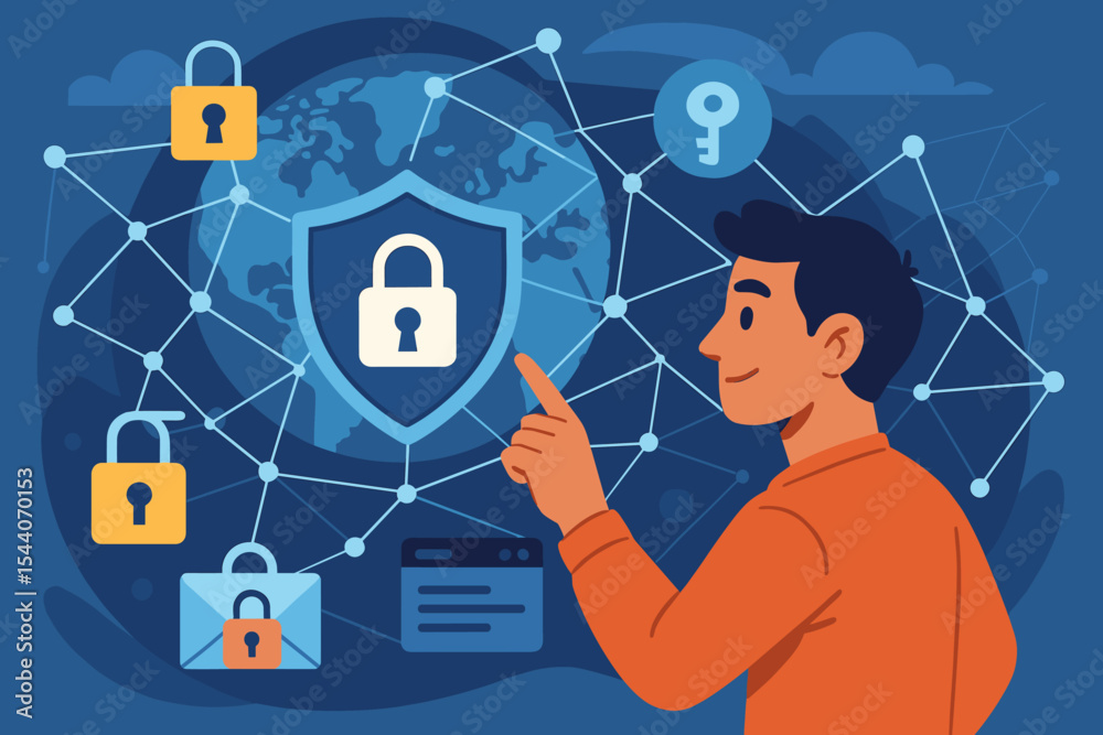 Poster man interacting with global cybersecurity network interface, digital data protection, encryption con