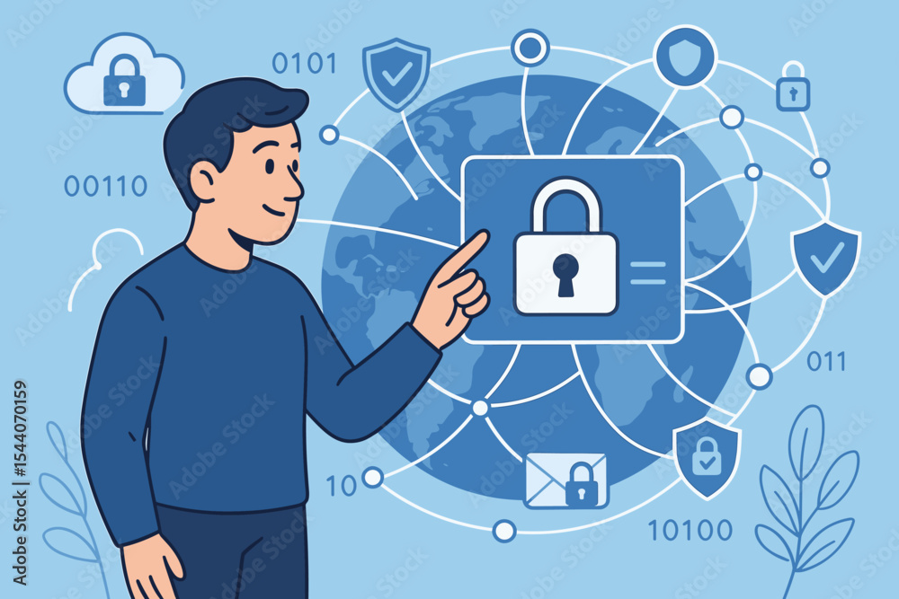 Poster cybersecurity concept with man using global network security interface, data protection, digital pri