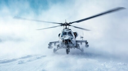 An imposing helicopter stands out against a snowy backdrop, with gusts of snow swirling around it, evoking feelings of power and exploration in harsh environments.