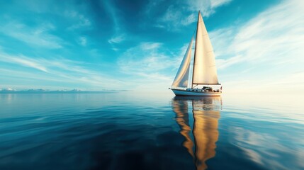 A single sailboat gracefully moves across tranquil waters, representing peace, freedom, adventure, and the beauty of nature against a splendid sky backdrop.