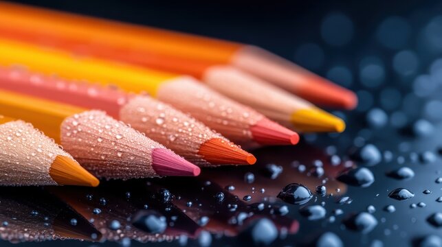 A stunning arrangement of vibrant colored pencils adorned with water droplets, showcasing their vivid colors against a dark, reflective surface in an artistic presentation.