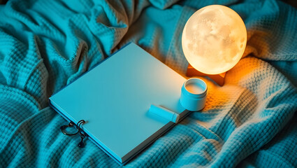 Serene Nightstand Setup Moon Lamp, Journal, and Cozy Blanket