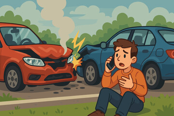 Car accident illustration. Shocked driver sits at the roadside calling for emergency assistance on his mobile phone. Two cars in a collision with damage. Auto insurance claim concept.