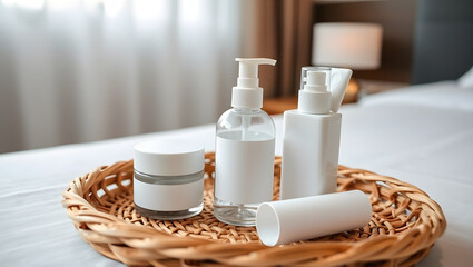 Minimalist Skincare Kit Organic, Unlabeled Bottles on Woven Tray