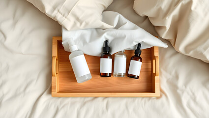 Overhead View of Skincare Products on Wooden Tray in Bedroom
