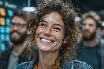 A diverse team of professionals, including a woman with curly hair, brainstorming together in a modern office setting.