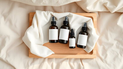 Amber Glass Spray Bottles on Wooden Tray Minimalist Product Photography