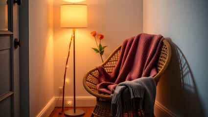 Cozy Corner Nook with Rattan Chair and Draped Blanket A Relaxing Home Interior