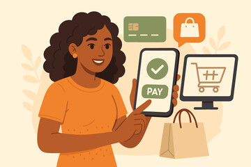 Woman using mobile payment on smartphone for online shopping. E-commerce and digital banking concept. African american customer making secure transaction with credit card. Fintech vector.