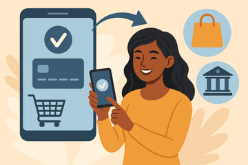 Woman using smartphone for secure mobile payments, digital banking, and online shopping. Fintech illustration with credit card, shopping cart, e-commerce, cashless transaction concept vector