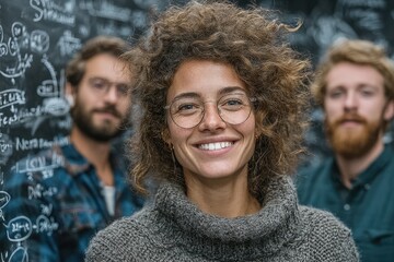 A diverse team of professionals, including a woman with curly hair, engaging in a brainstorming session. They are discussing ideas and working collaboratively in a modern office setting.