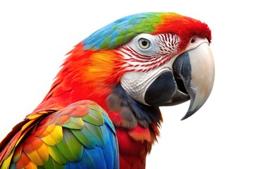 Fototapeta premium Vibrant scarlet macaw portrait against white background
