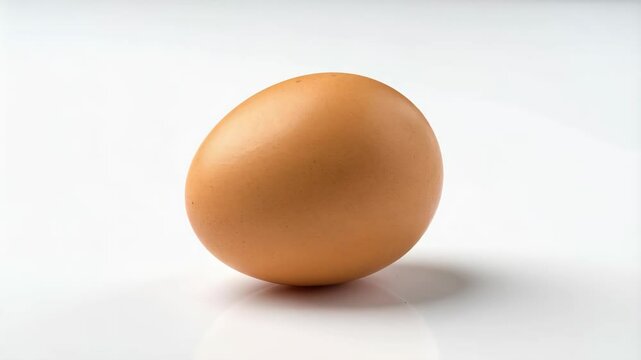 Single brown egg on a white reflective surface, studio shot featuring the smooth shell and natural color of the organic food