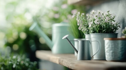 A beautifully arranged scene of a watering can beside lovely flowers, highlighting the essence of nurturing and gardening, evoking feelings of care and connection to nature.