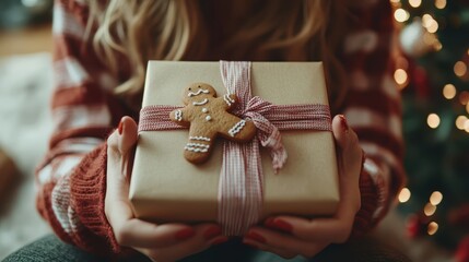 A beautifully wrapped gift adorned with a gingerbread man decoration exudes warmth and festivity, perfect for the holiday season celebrations and gatherings.