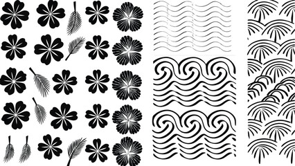 Fototapeta premium Floral and wave pattern with flowers leaves and stylized waves in black and white design style