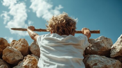 A young child climbs a rocky wall with a stick, showcasing curiosity and a spirit of adventure against a backdrop of bright blue sky and fluffy clouds.