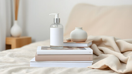 Blank Cosmetic Bottle Mockup on Stack of Books Minimalist Product Photography