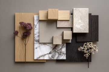 Elegant Material Palette Wood, Marble, and Neutral Tones for Interior Design Inspiration