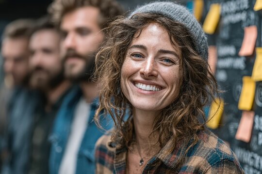 A diverse team of professionals brainstorming together, with a woman with wet hair smiling at the camera. They are collaborating and discussing ideas in a modern office setting. - Powered by Adobe